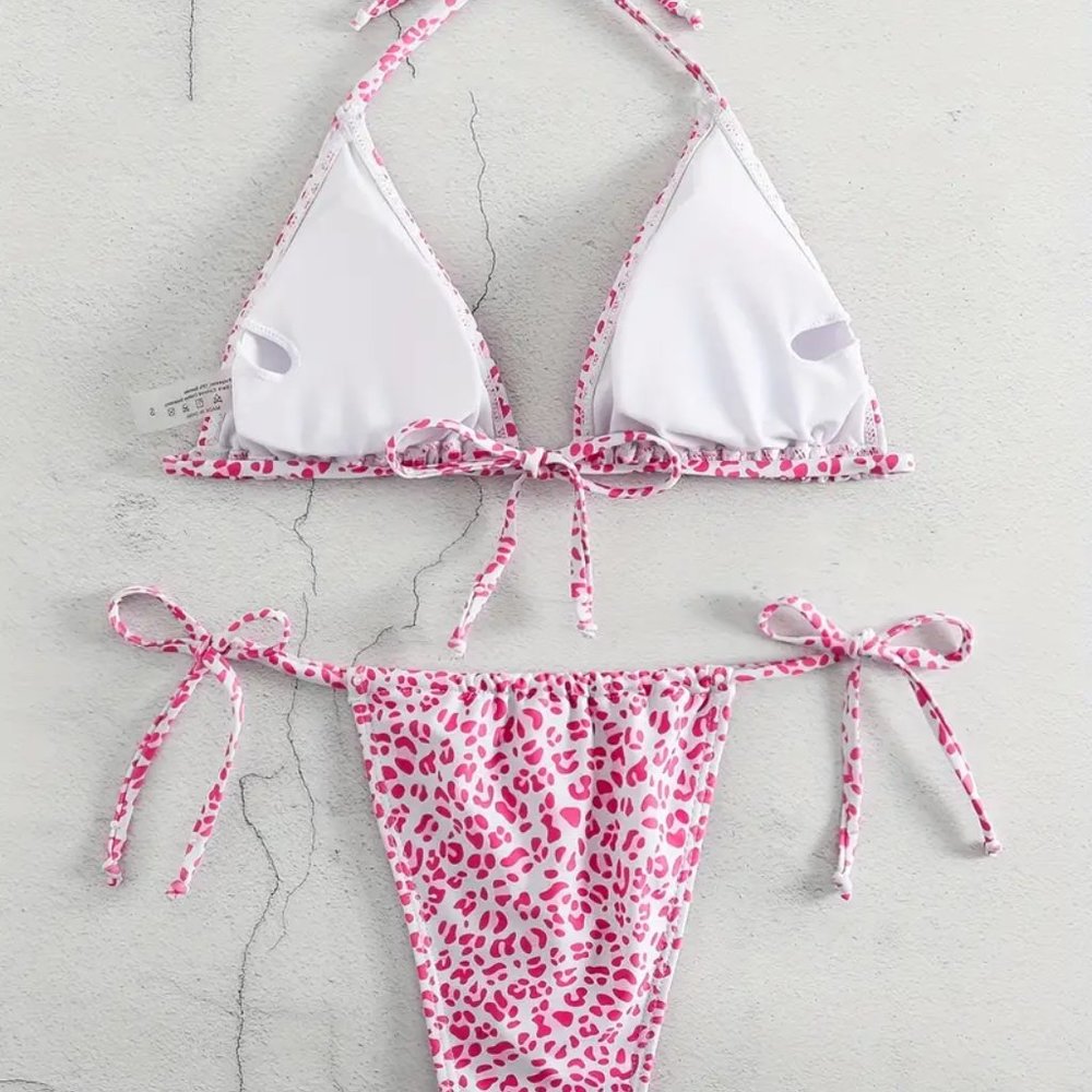 2 Piece Swimsuit, Halter Tide Side Triangle Bikini, Spaghetti Strap - Pink - Picture 5 of 7